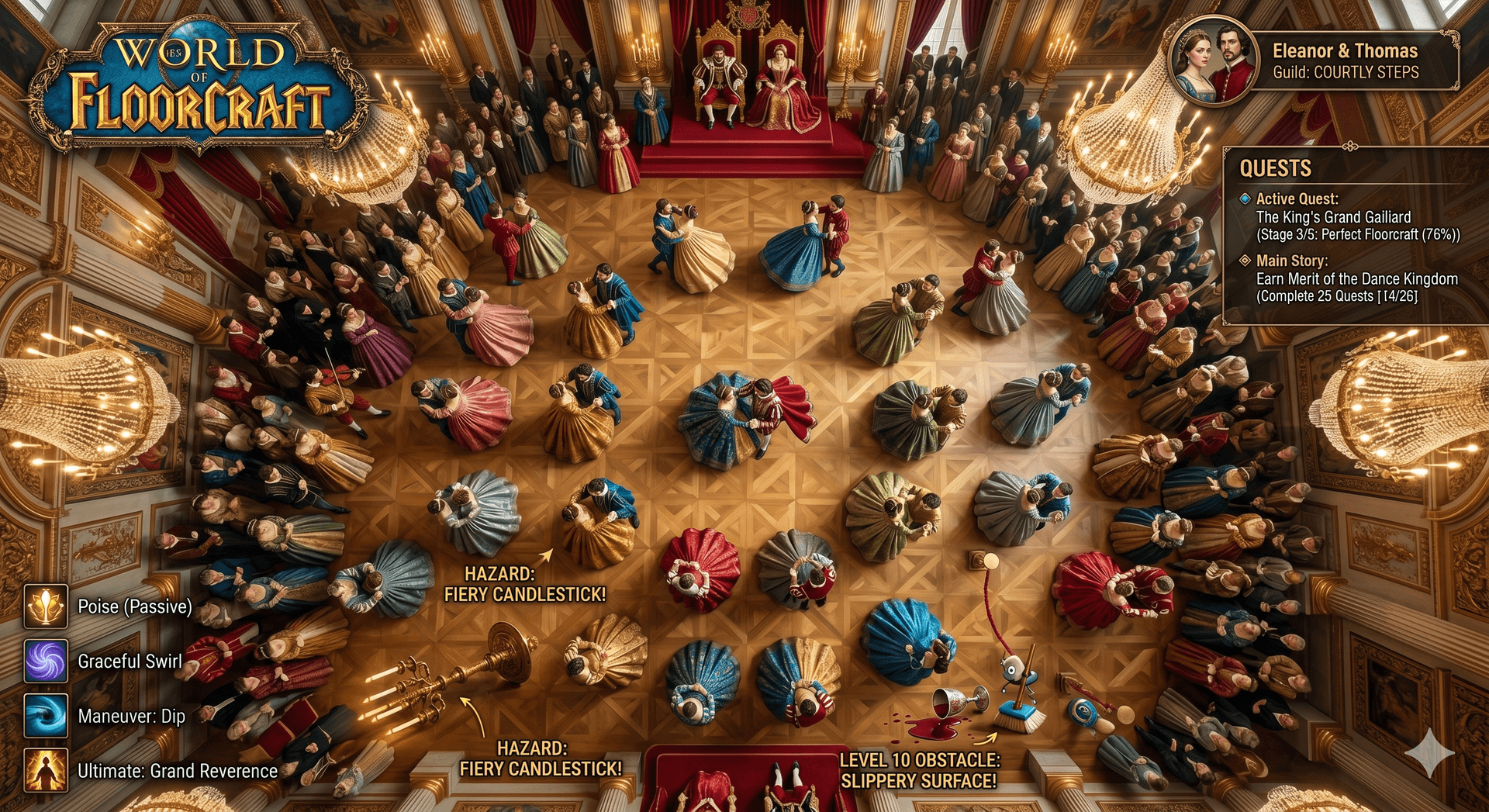 World of Floorcraft — Top-down view of a royal ballroom with dancing couples navigating fiery candlestick hazards, WoW-style game UI overlay