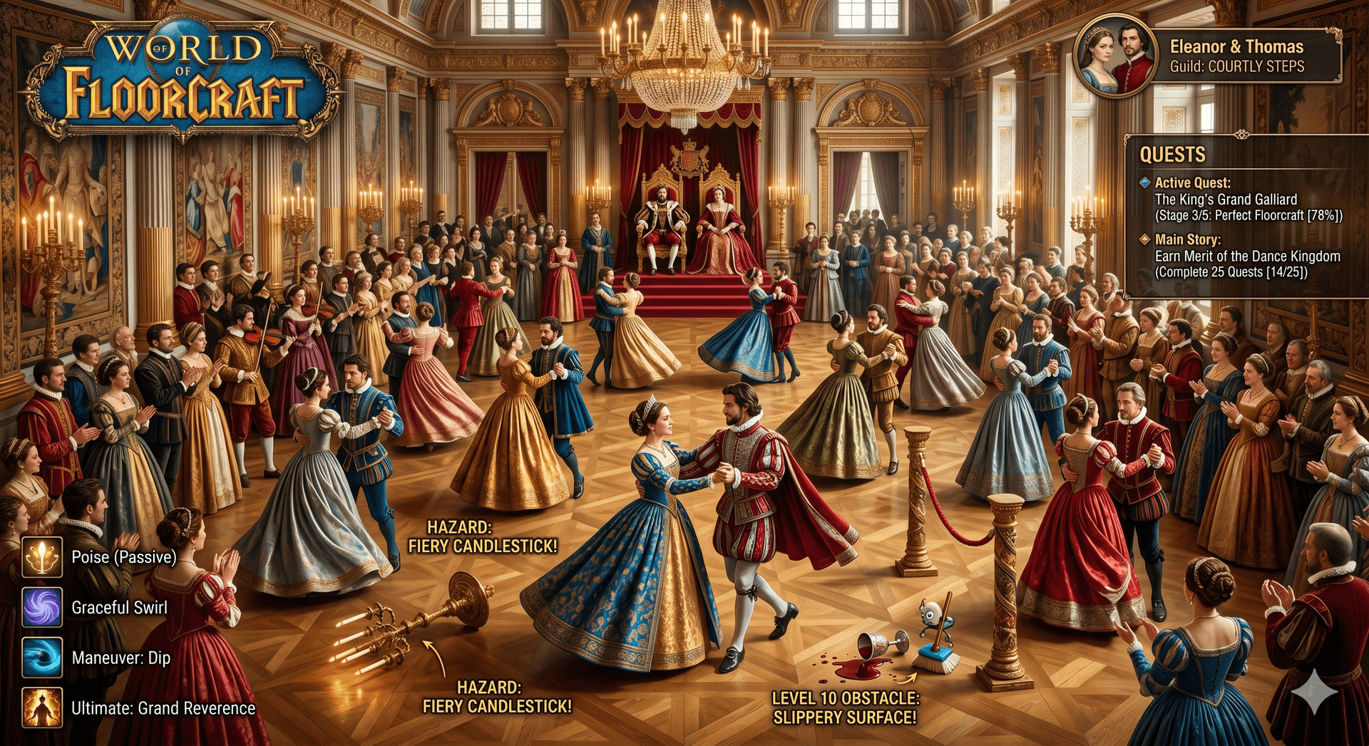 World of Floorcraft — Renaissance court ballroom scene with king and queen watching dancers compete in quests
