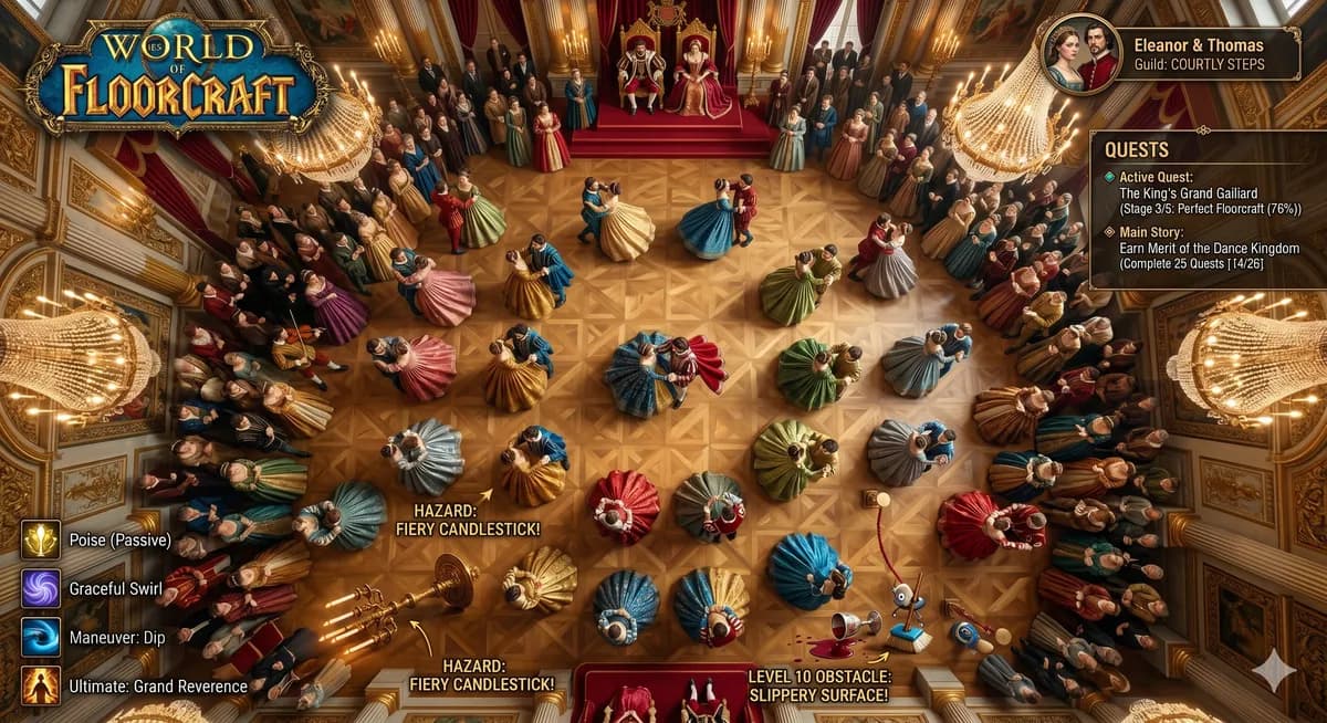 Lore of Dance — Top-down view of a royal ballroom with dancing couples navigating fiery candlestick hazards, WoW-style game UI overlay