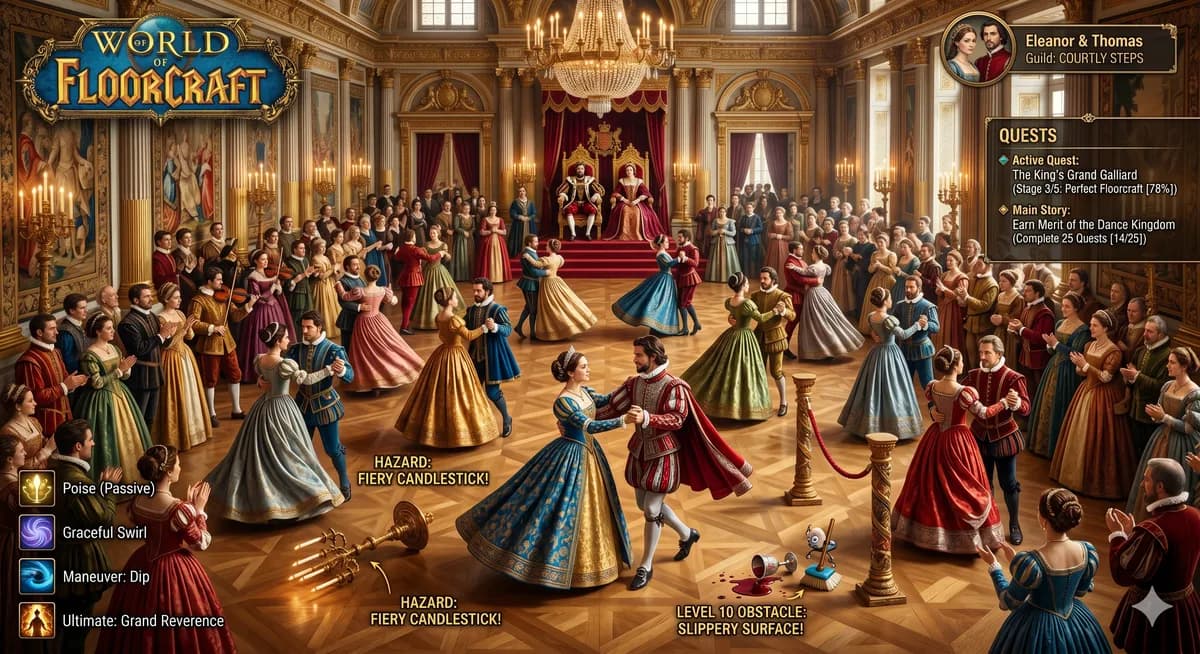 Lore of Dance — Renaissance court ballroom scene with king and queen watching dancers compete in quests