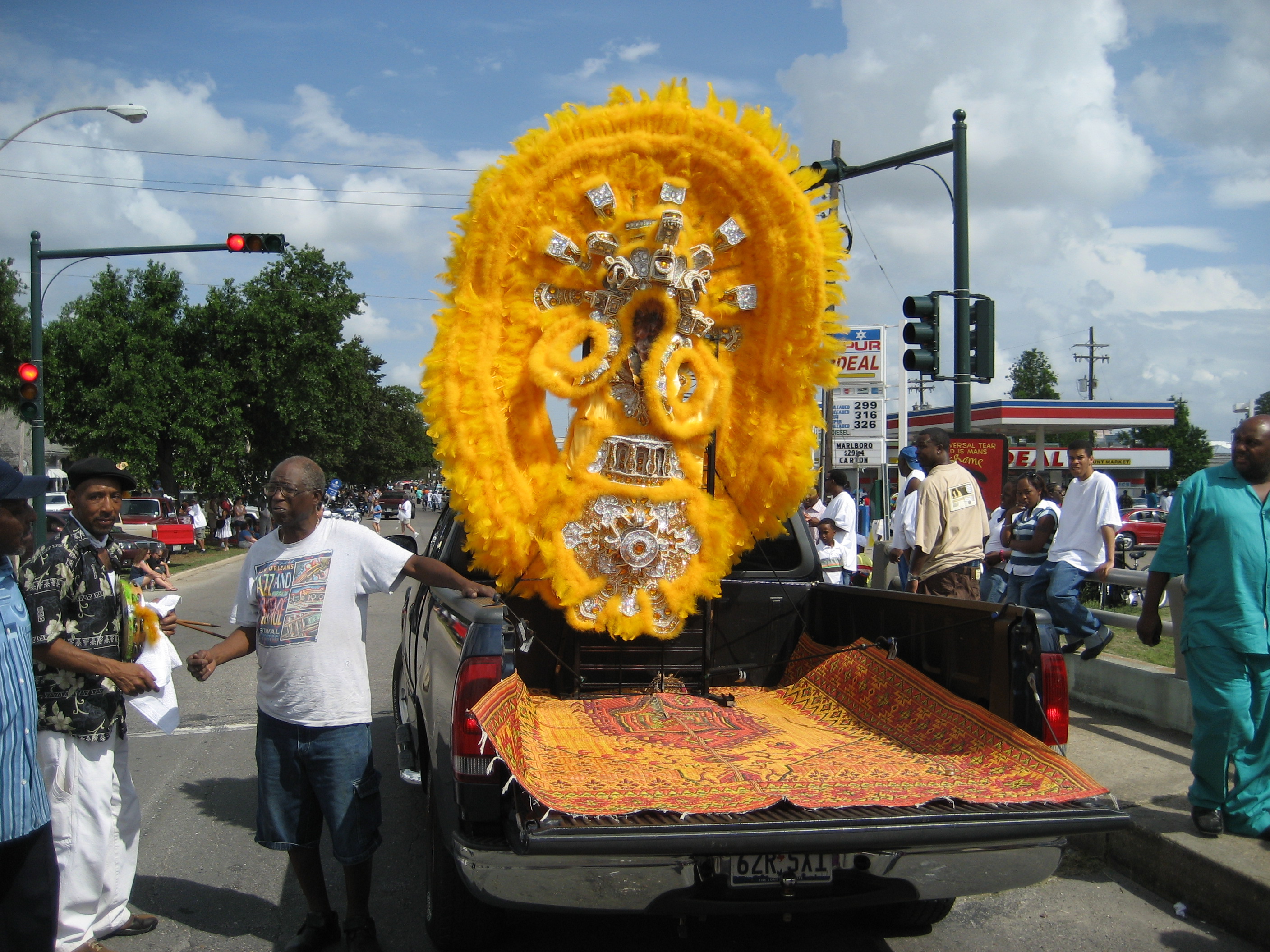 Pickup truck carrying a tribute to the late Big Chief Tootie Montana at Super Sunday 2007 in New Orleans