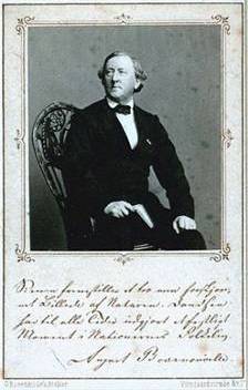 Black-and-white 1866 photographic portrait of August Bournonville with his signature below.