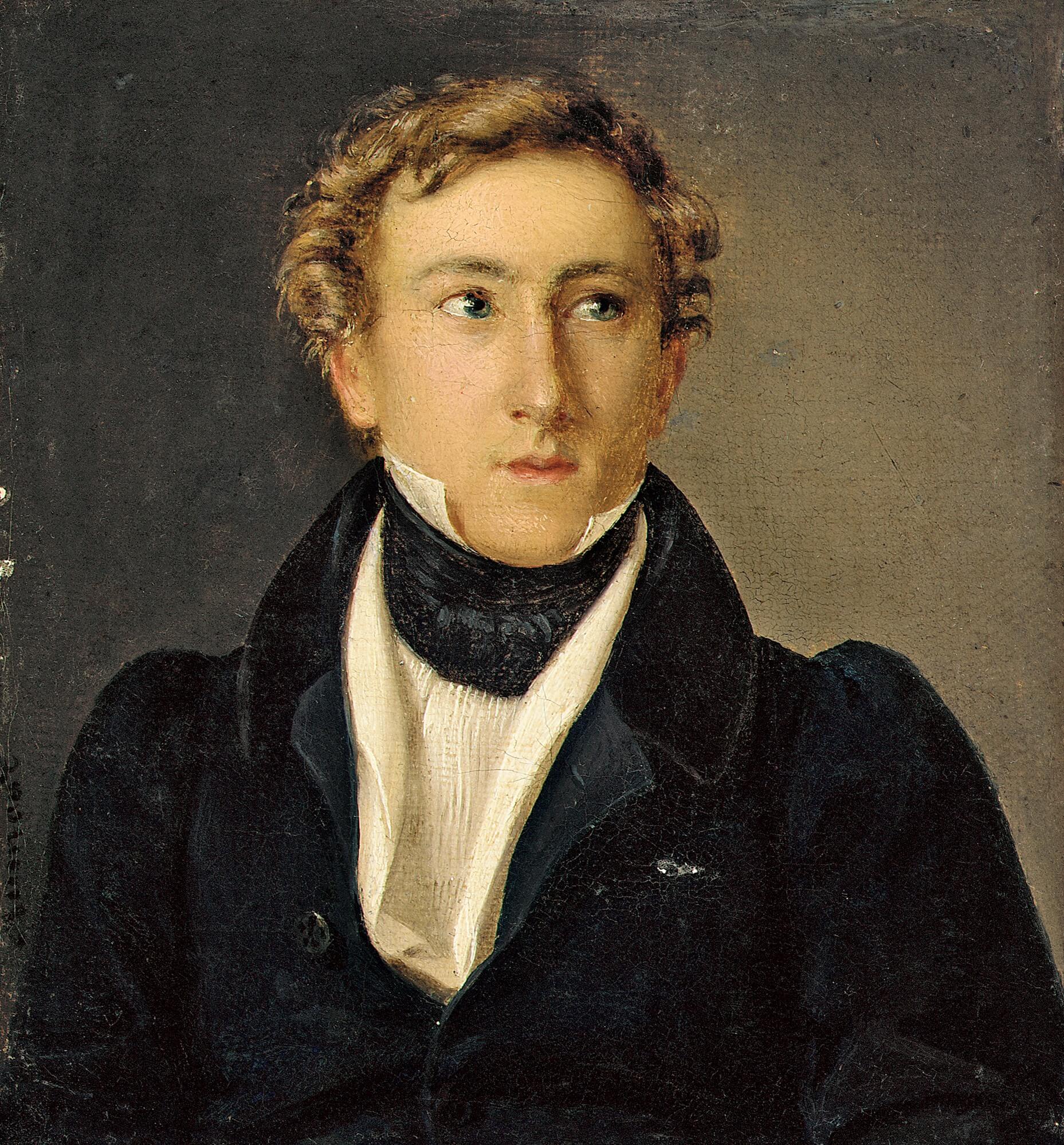 Painted bust portrait of a young August Bournonville in a dark coat, 1828.