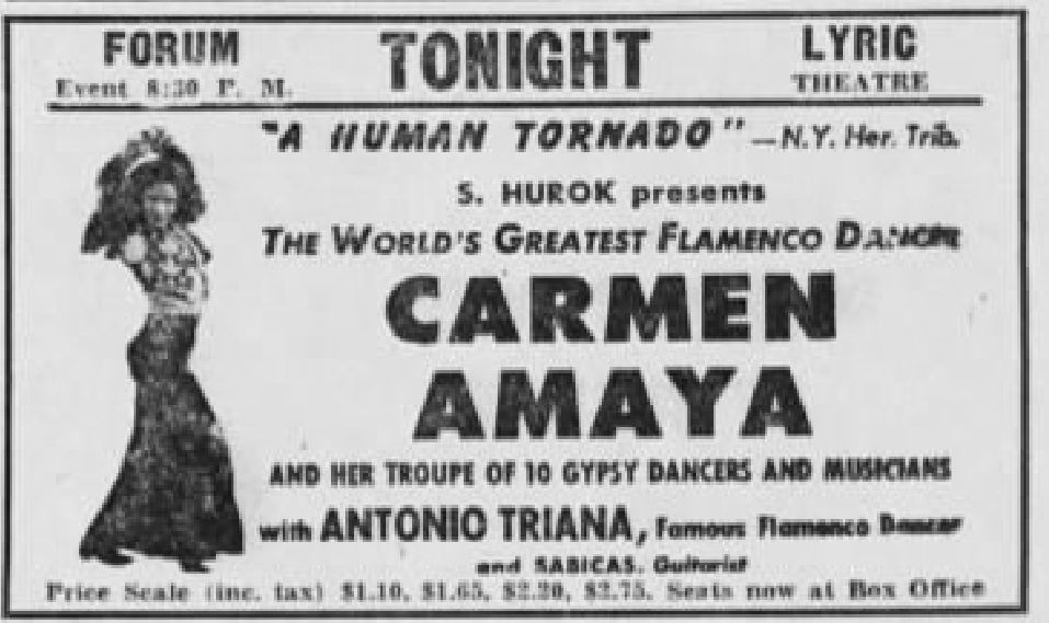 Black-and-white 1942 Lyric Theater newspaper advertisement featuring Carmen Amaya and Antonio Triana.