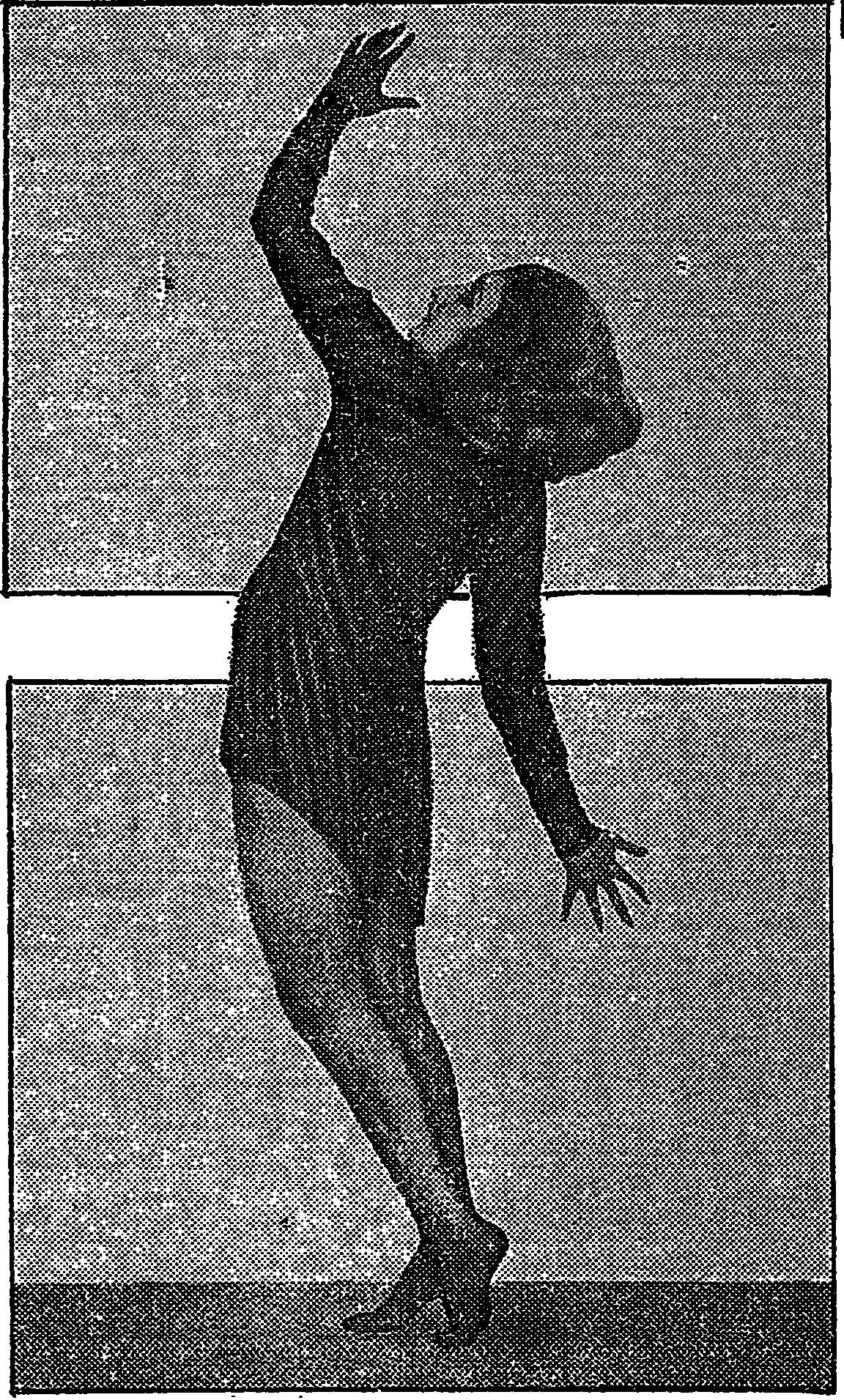 Doris Humphrey leans off balance with one arm reaching upward in a grainy 1928 performance photograph.