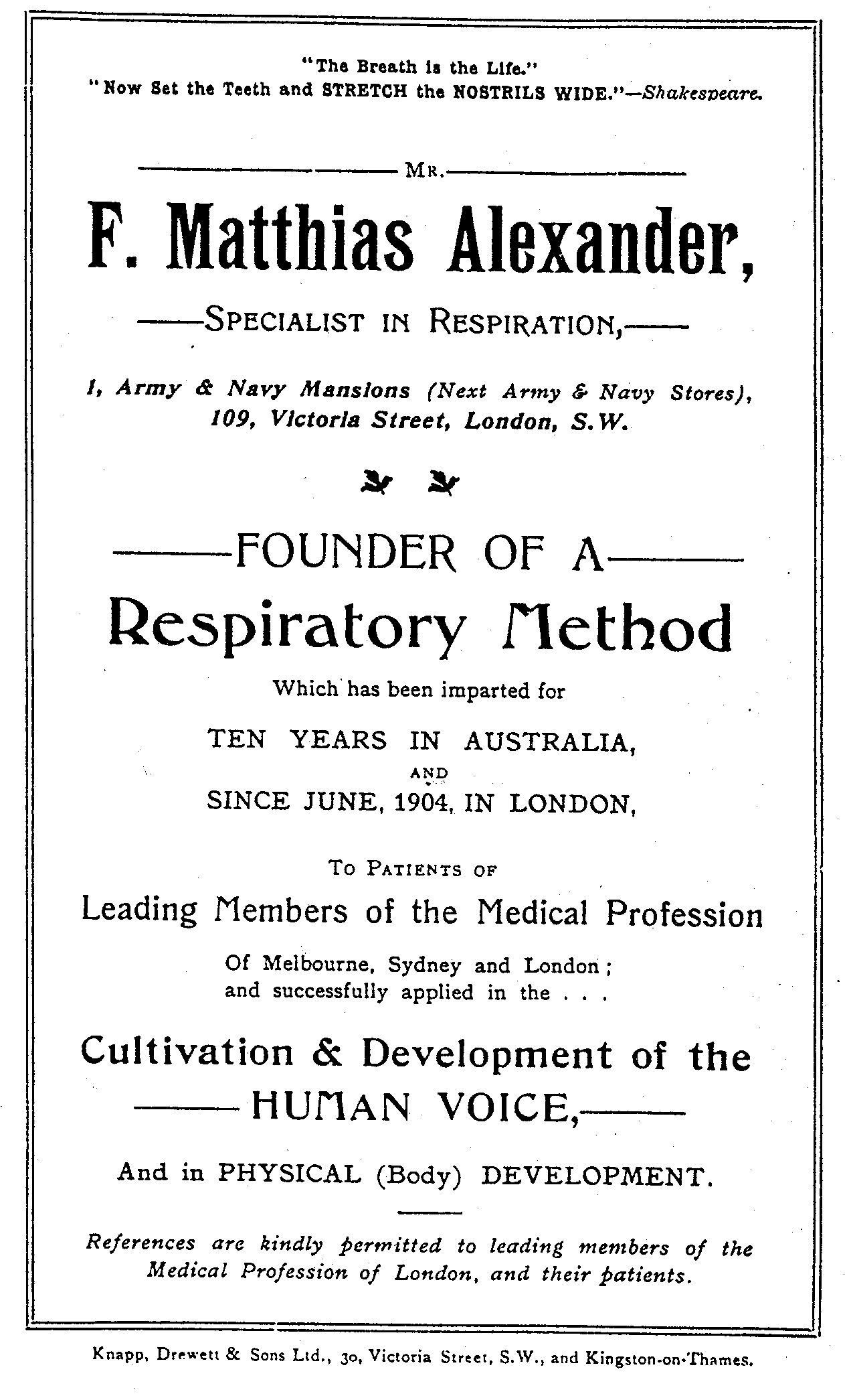 Historic advertising poster for the teaching services of F. M. Alexander