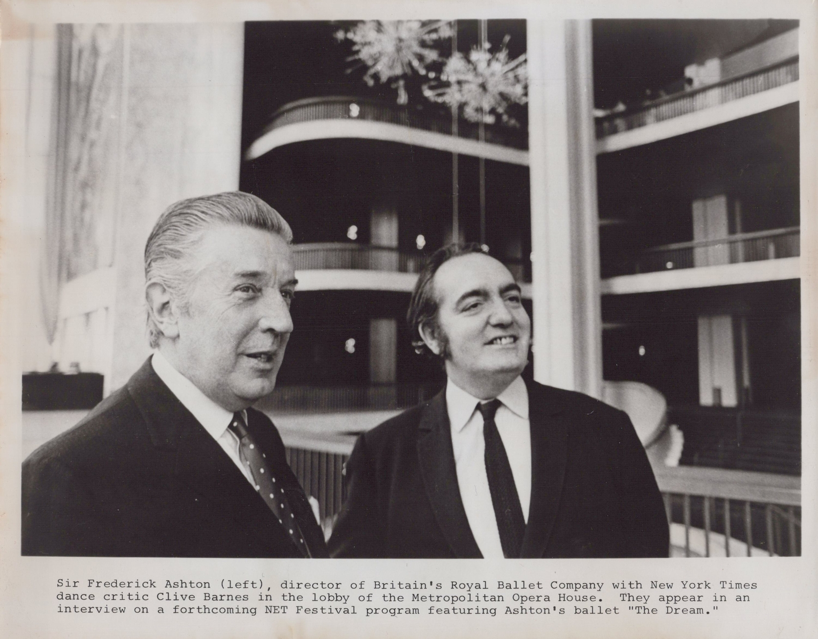 Frederick Ashton and critic Clive Barnes seated at the Metropolitan Opera House in the 1960s