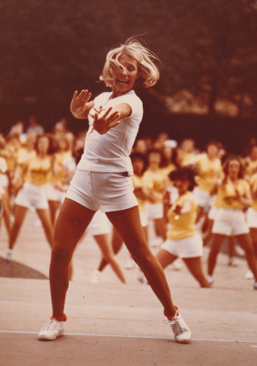 Jacki Sorensen leading an aerobic dance routine at a New York event in the late 1970s