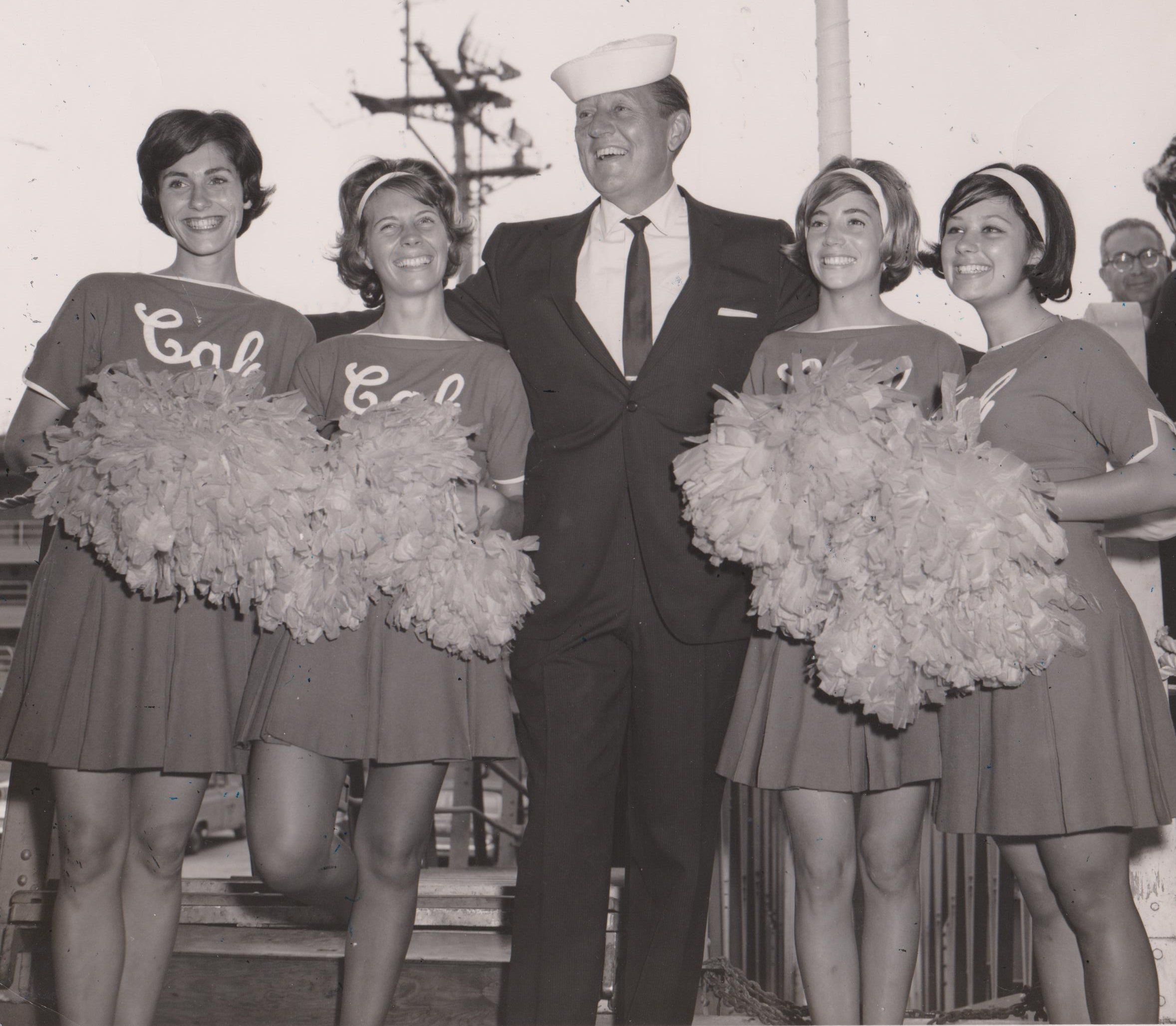 UC Berkeley pom-pom squad aboard USS Midway in 1963 with Jacqueline Mills second from left