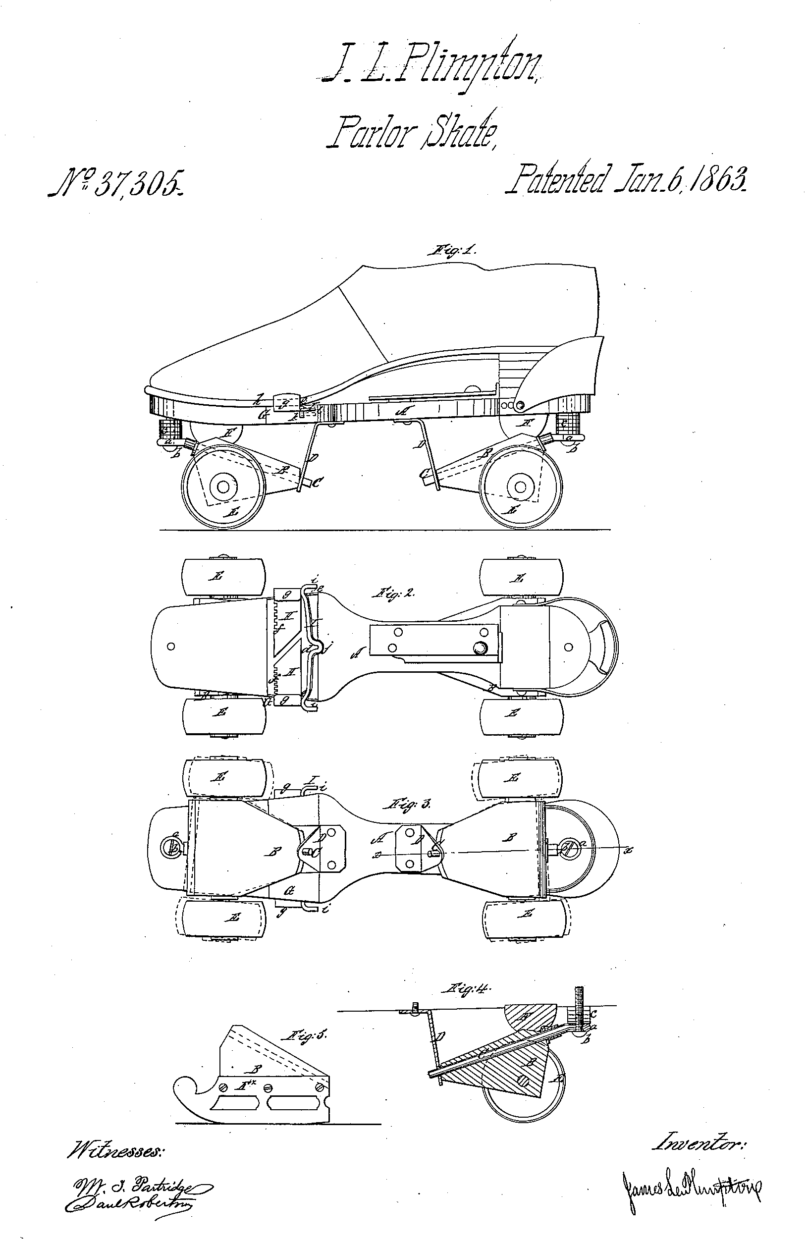 Three technical views from James Plimpton's 1863 United States patent for an improved guidable roller skate.