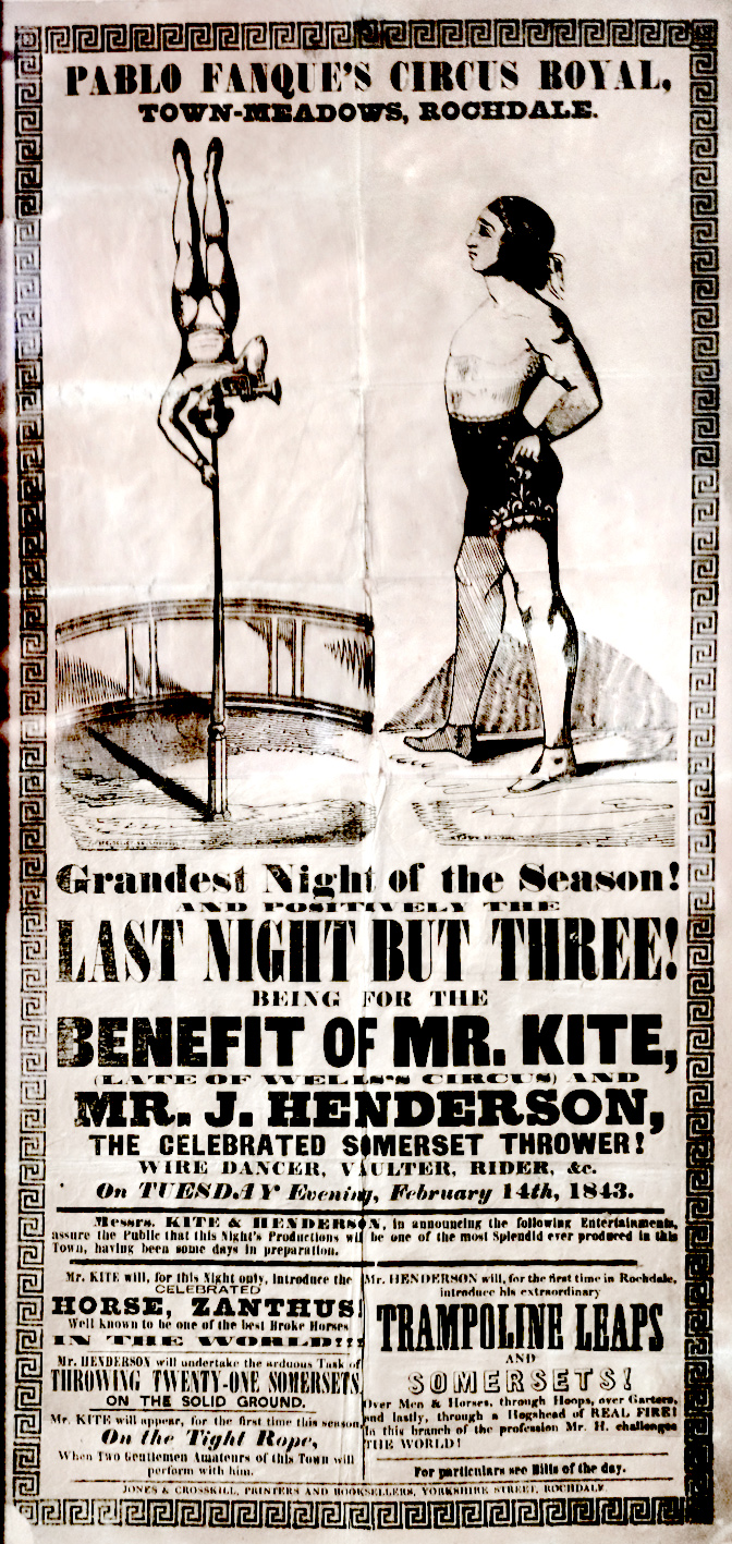 Tall illustrated 1843 circus poster for Pablo Fanque's Circus Royal, advertising Mr Kite as late of Wells's Circus