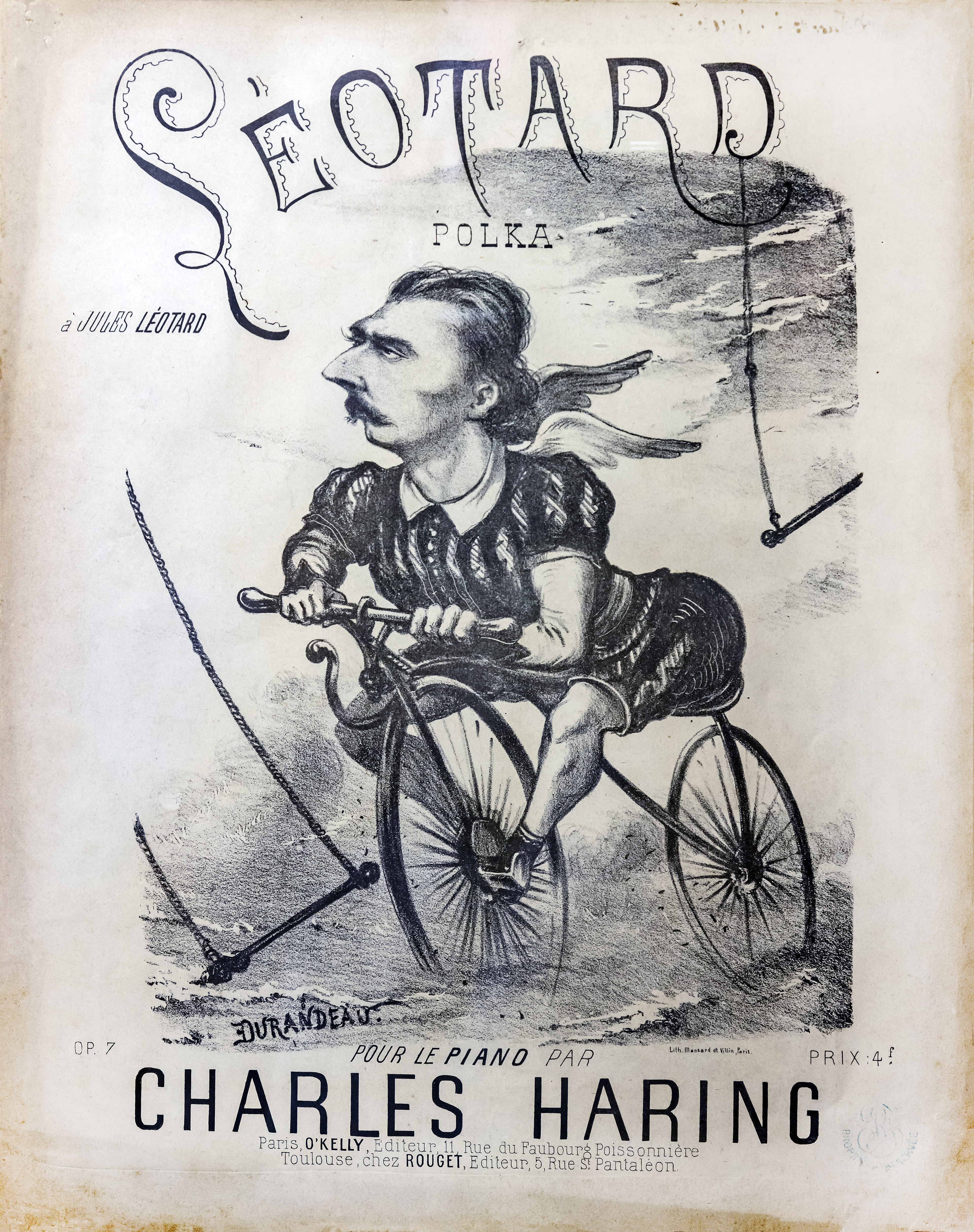 Color caricature of Jules Léotard performing on a flying trapeze before spectators
