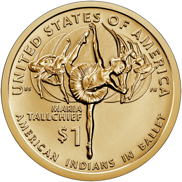 Reverse of the 2023 Native American dollar honoring Maria Tallchief and the Five Moons ballerinas
