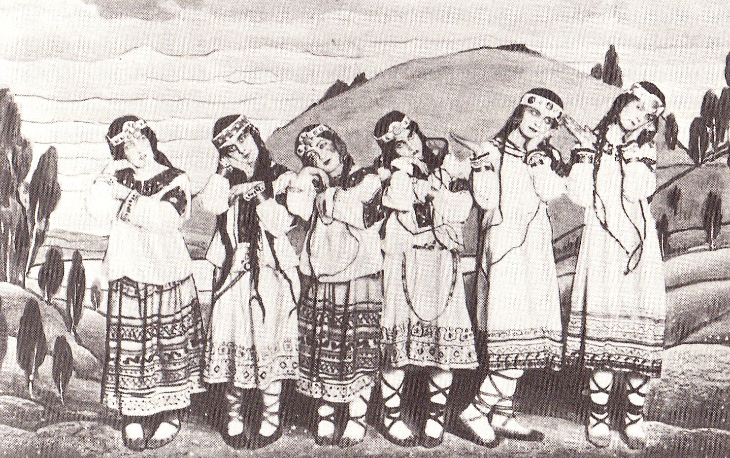 Posed 1913 photograph of the original Rite of Spring dancers in Nicholas Roerich costumes, with Marie Rambert second from left