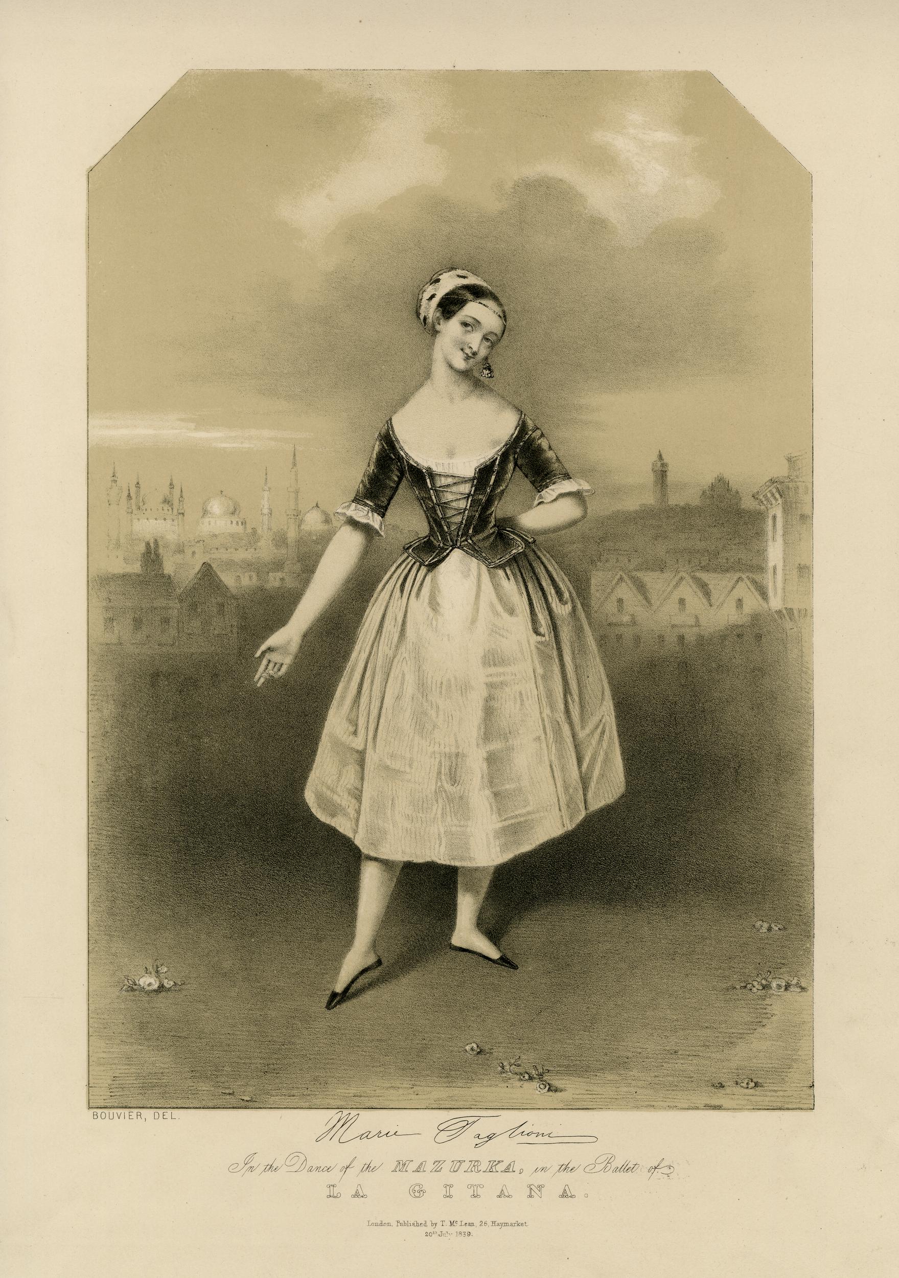 1839 lithograph of Marie Taglioni dancing a mazurka in La Gitana