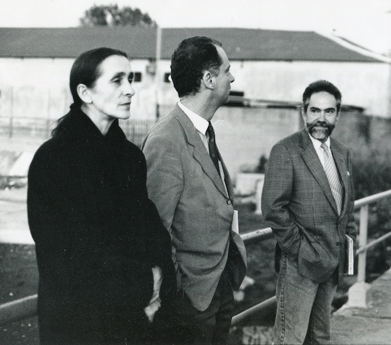 Pina Bausch with impresario Andres Neumann and Matthias Schmiegelt during a site visit described as taking place in 1985