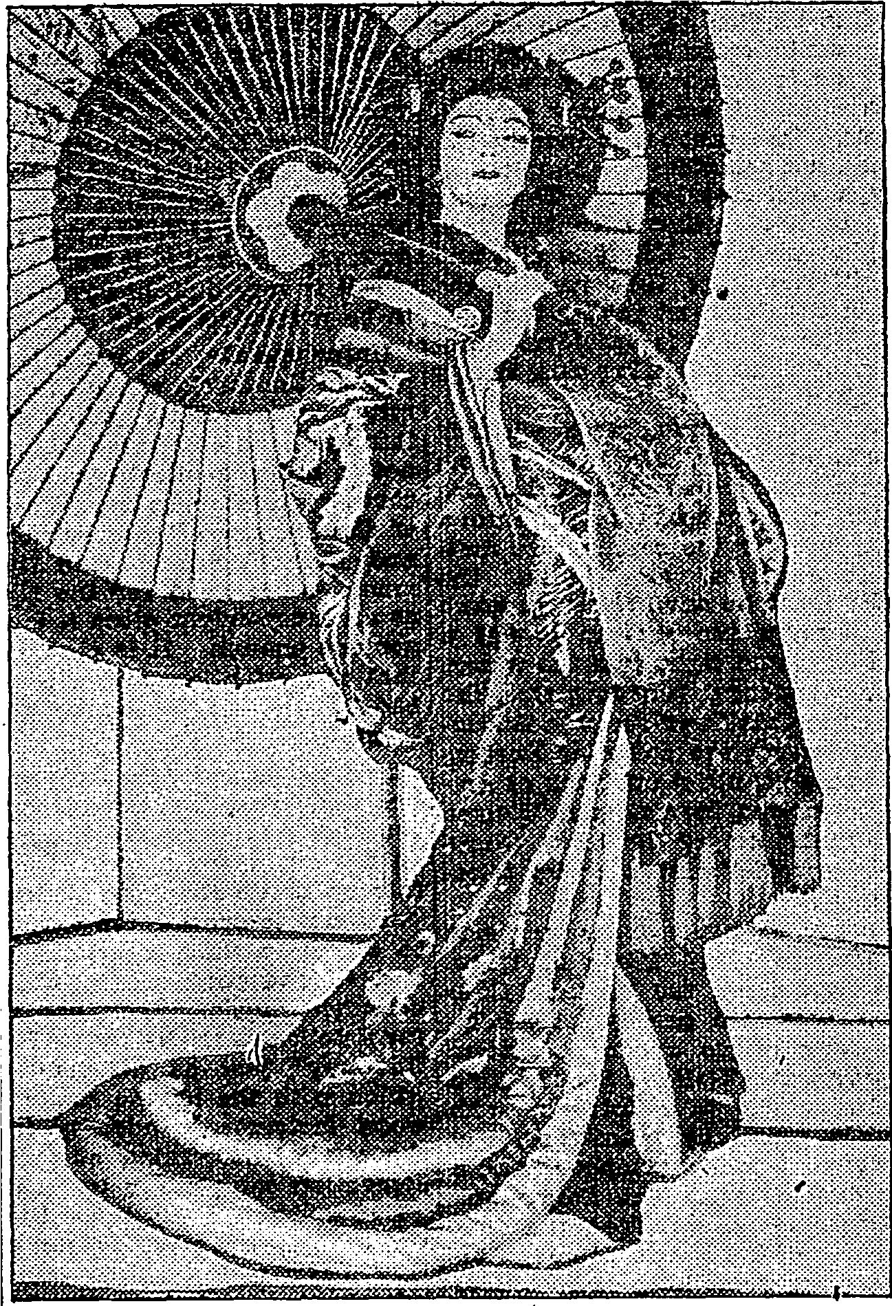 Newspaper halftone portrait of Ruth St. Denis in Japanese clothing and makeup in 1928.