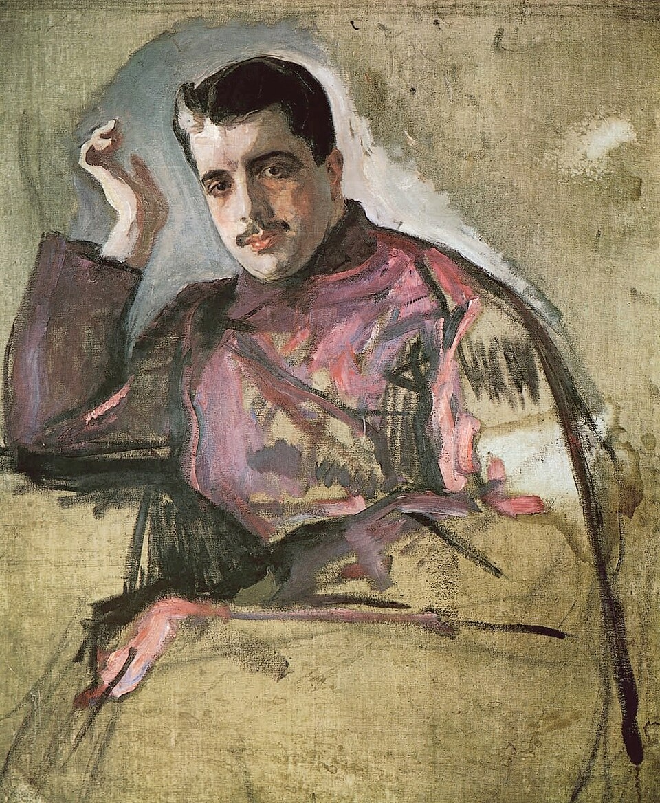 Unfinished painted portrait of Sergei Diaghilev seated and looking toward the viewer