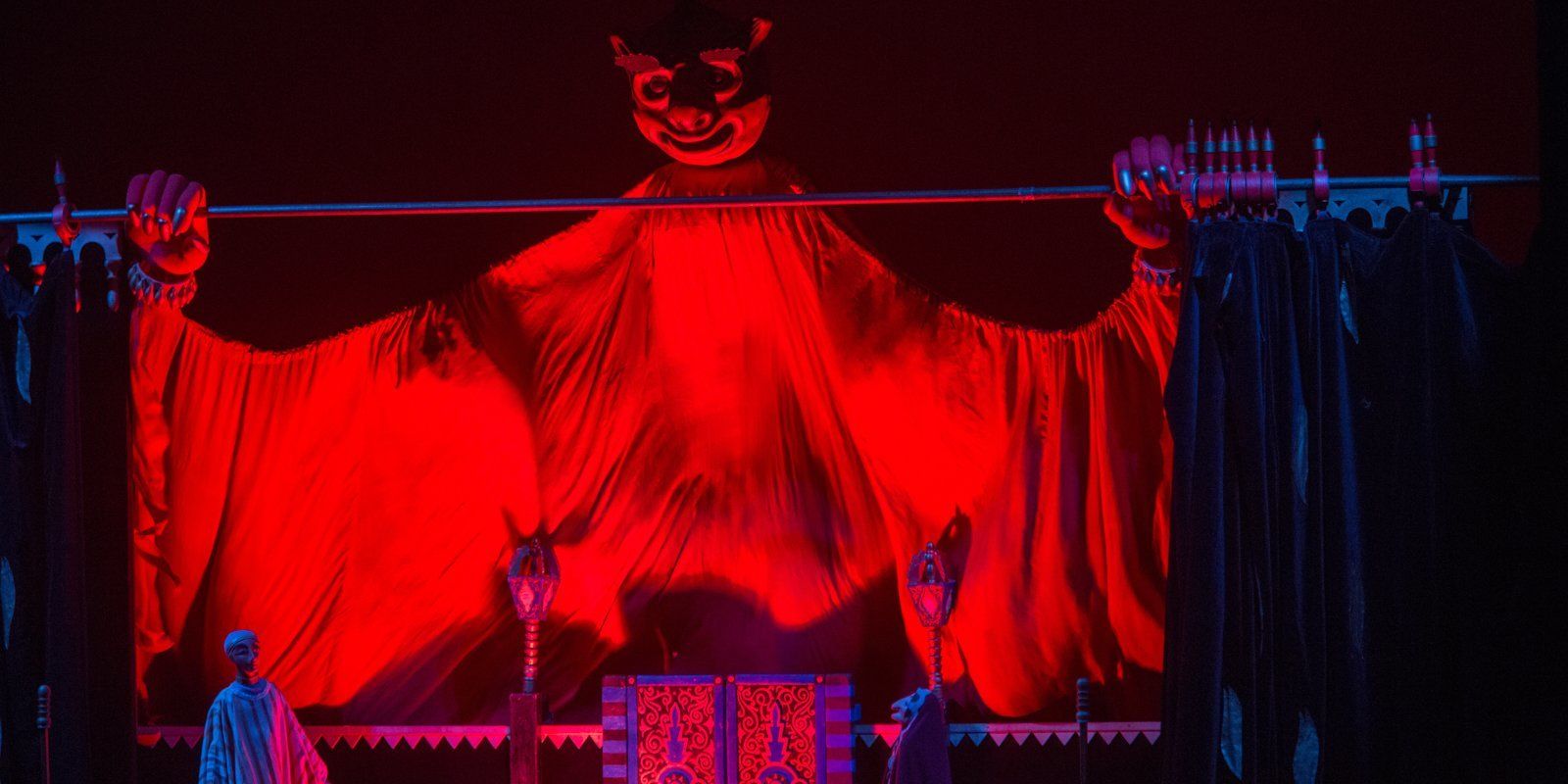 Archival black-and-white puppet-theatre scene associated with The Magic Lamp of Aladdin