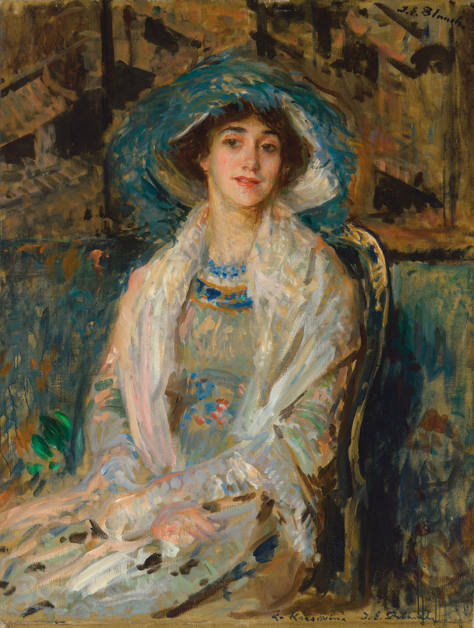 Painted three-quarter portrait of Tamara Karsavina in a dark dress