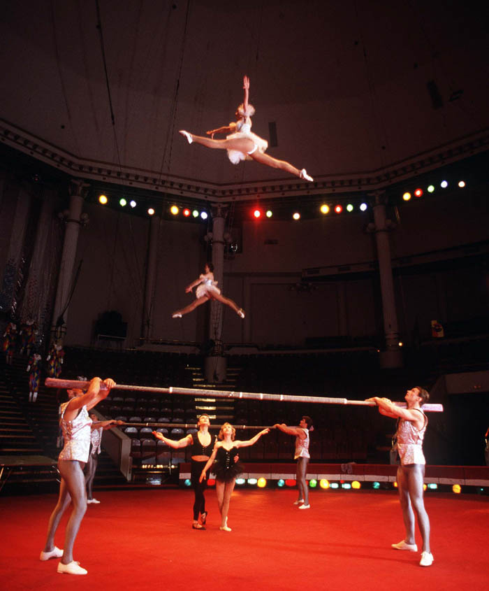 Acrobats performing a Russian bar circus act created by Valentin Gneushev