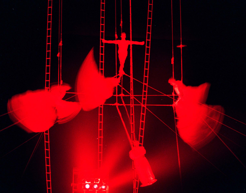 Aerialists performing the Chimes flying act created by Valentin Gneushev