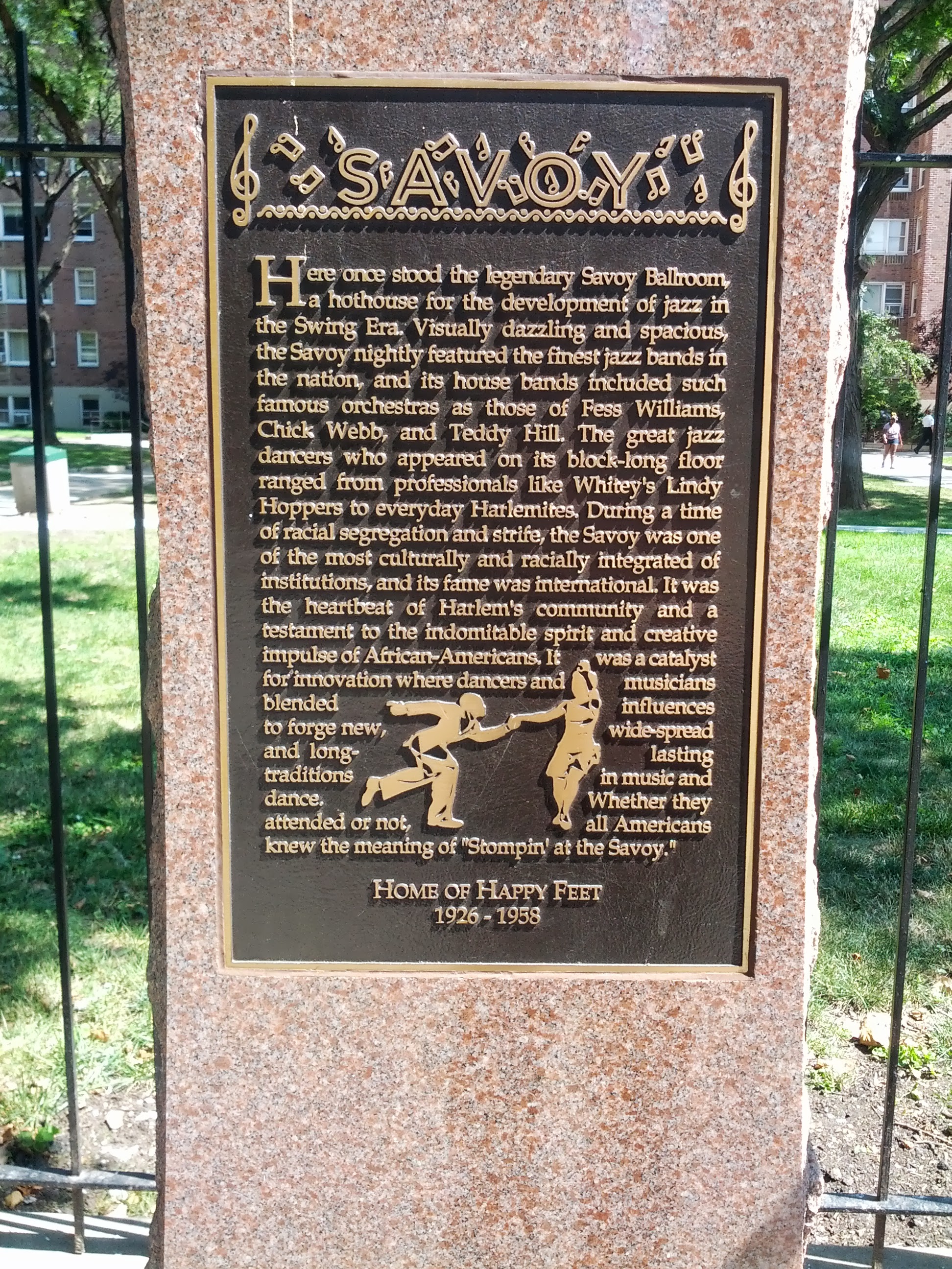 Commemorative plaque marking the former site of the Savoy Ballroom in Harlem.