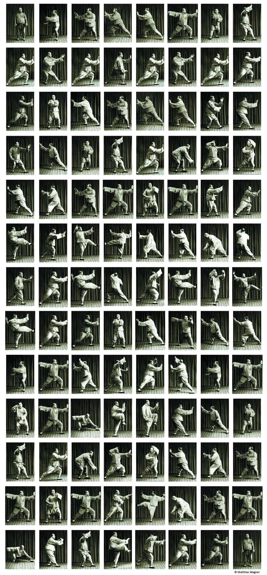 Vertical pencil-study sheet showing 104 positions associated with Yang Chengfu's taijiquan form